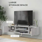 White media console with open shelves and side cabinets for TV storage