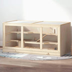 Wooden hamster cage hutch with see-through front panels and internal platforms