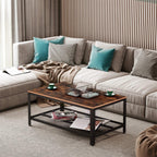 Industrial coffee table with rustic brown top and black frame in a living room