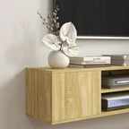 Natural wood floating TV cabinet with two-door fronts and open storage shelf