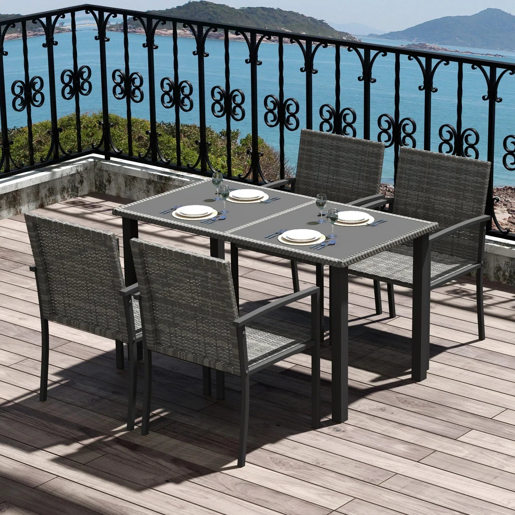 Outdoor Dining Set 5 Pieces Patio Conservatory with Tempered Glass Tabletop,4 Dining Chairs - Grey - Bobobiy