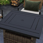 Black protective cover with circular burner opening on top of brown fire pit table