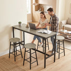 Grey bar table set with two stools in front and two at the sides, black metal frames