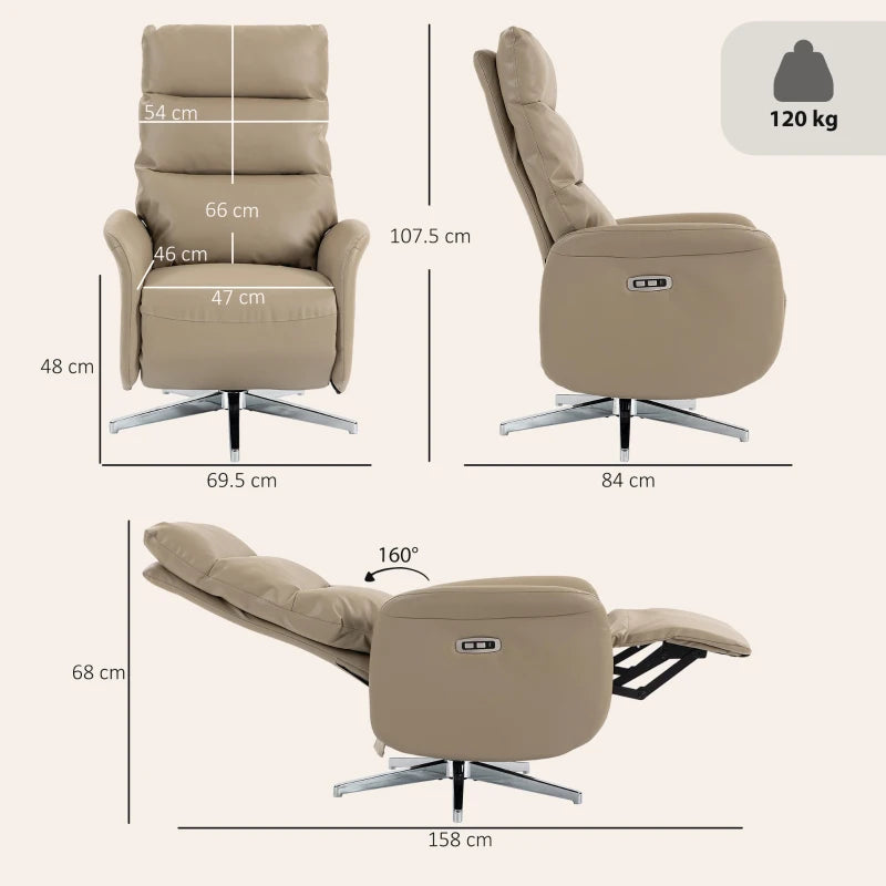Brown power recliner chair shown reclined with raised footrest and swivel base