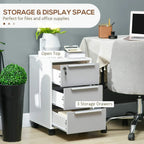 White and grey 3-drawer locking file cabinet with open top storage space and drawer pulls