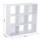 White nine-cube storage shelf shown with height and width dimensions on a blank view.
