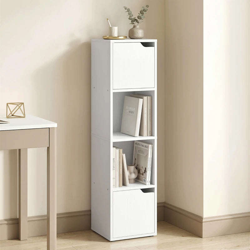 White narrow 4-tier bookshelf cabinet with two front doors and open middle shelves