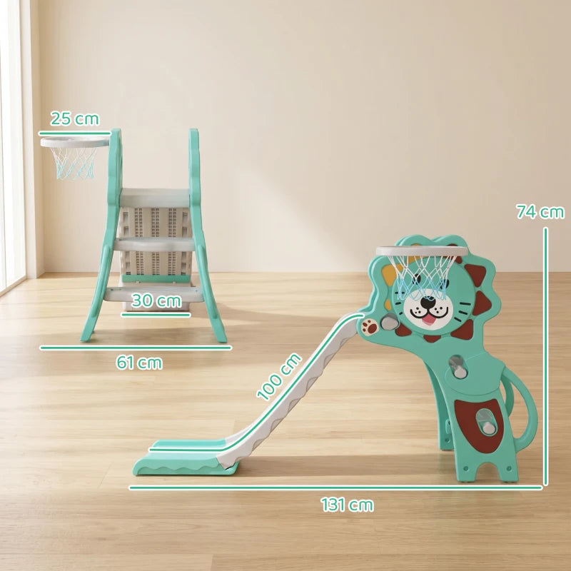 Multifunction kids slide and climber set with basketball hoop, shown with dimensions