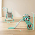 Multifunction kids slide and climber set with basketball hoop, shown with dimensions