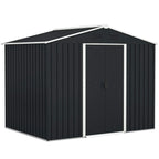 Grey metal garden shed with double sliding doors and two ventilation louver vents.