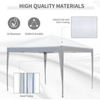 White pop-up gazebo tent with steel frame and peaked canopy, fabric close-up