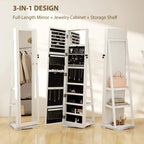 White jewelry cabinet with full-length mirror and built-in storage shelves