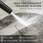 Green high-pressure washer with front nozzle spraying water onto a surface