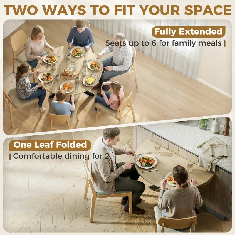 Round dining table showing one leaf folded for smaller seating