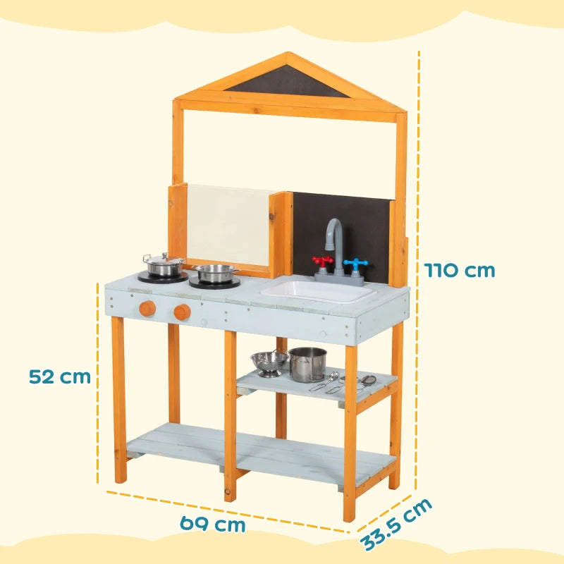 Outdoor wooden play kitchen with sink, stove burners, and double-tier shelf