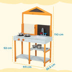 Outdoor wooden play kitchen with sink, stove burners, and double-tier shelf