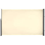 Retractable sun awning privacy screen, cream fabric with gray side frame and posts