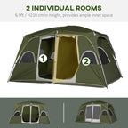 Green 2-room camping tent with interior divider curtain and mesh front entrances.