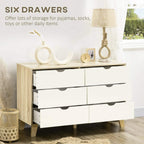 White and light brown 6-drawer dresser with curved cut-out handles and slim wood legs