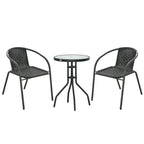 Black rattan bistro set with two armchairs and a round glass-top side table