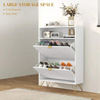 White shoe cabinet with open shelves and gold-tone pull accents, holding shoes