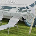 Light grey reclining sun lounger with canopy awning and adjustable angle knobs
