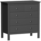 Black modern dresser with five drawers and round metal knobs