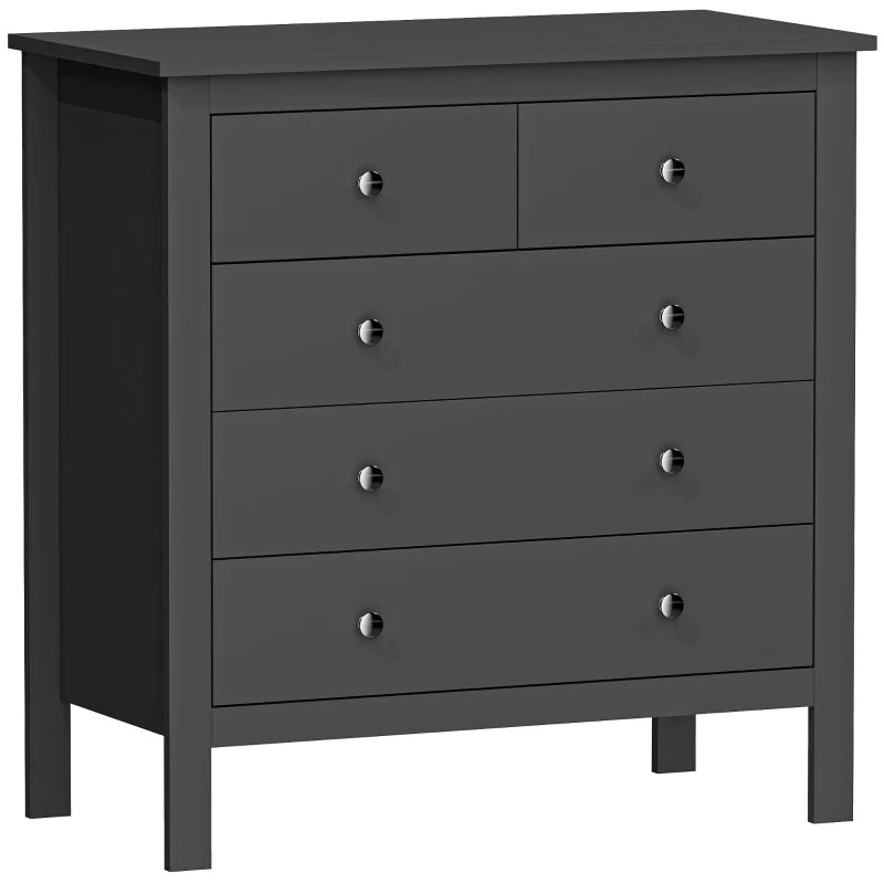 Black modern dresser with five drawers and round metal knobs