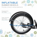 Close-up of 16-inch inflatable rubber wheel with blue mudguard and black tire
