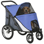 Blue foldable pet stroller with mesh canopy, front safety leash, and large wheels