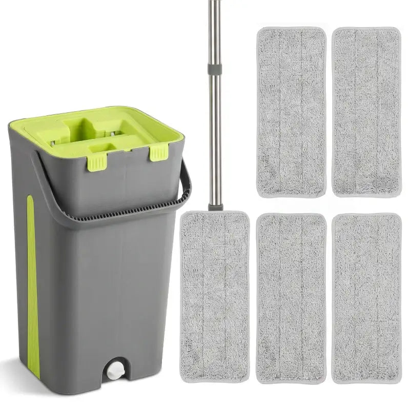 Compact flat mop and bucket set with dark grey bin, green handle, and four grey microfibre pads