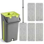 Compact flat mop and bucket set with dark grey bin, green handle, and four grey microfibre pads