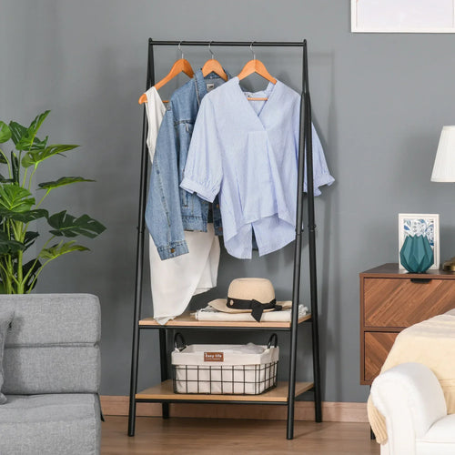 Black freestanding clothes rack with two wooden shelves and hanging bar with hooks