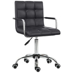 Black mid-back office chair with cushioned seat, armrests, and rolling casters