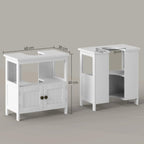 White under-sink pedestal cabinet with open shelves and double doors, size view
