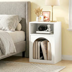 White bedside table with open shelves and arched lower book compartment