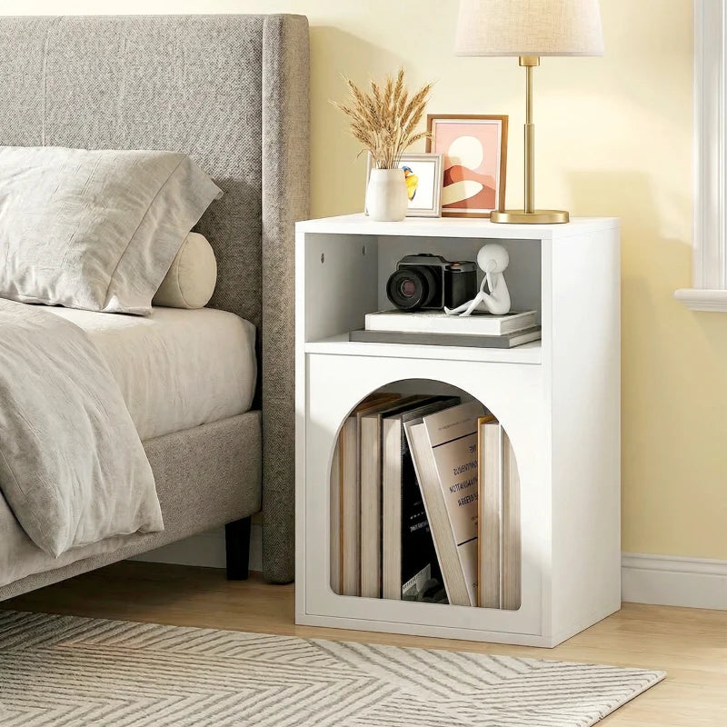 White bedside table with open shelves and arched lower book compartment