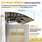 Door canopy with black wall bracket and curved awning edge over doorway opening