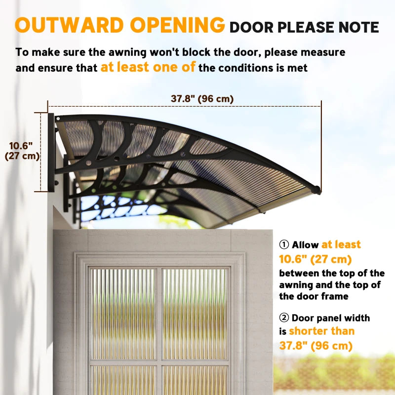 Door canopy with black wall bracket and curved awning edge over doorway opening