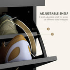 Black adjustable shelf inside shoe cabinet for different shoe sizes