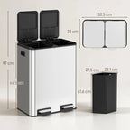 Stainless steel double kitchen bin with two inner compartments and black soft-close lids open