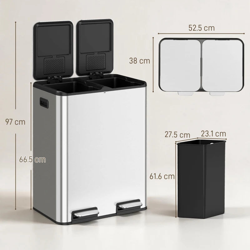 Stainless steel double kitchen bin with two inner compartments and black soft-close lids open