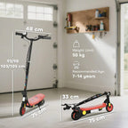Red electric kids scooter with black frame and red deck, angled view.