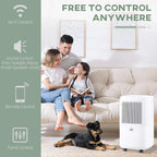 White portable dehumidifier on wheels beside a sofa in a living room setting