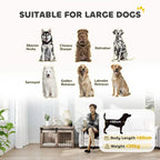 Brown wood dog crate furniture with removable cushion, cabinet-style doors and bars