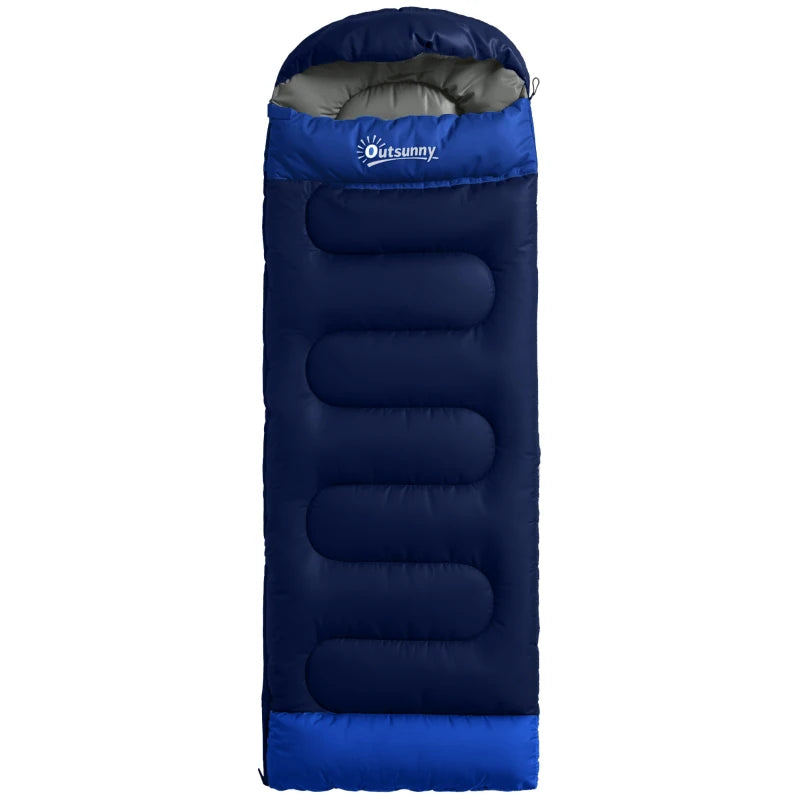 Navy blue adult sleeping bag with hood and quilted insulation baffles
