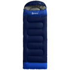 Navy blue adult sleeping bag with hood and quilted insulation baffles