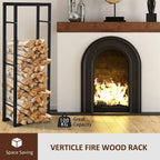 Black vertical firewood log holder rack with stacked logs, open metal frame and rails