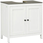 White floor-standing bathroom sink cabinet with double doors and dark countertop.