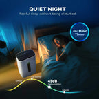White portable dehumidifier with green power indicator, compact bedside unit